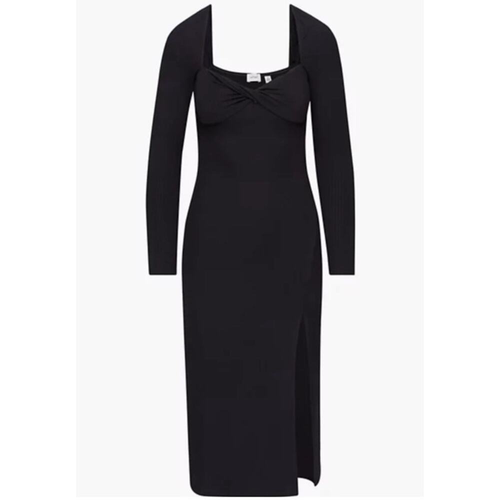 Aritzia Wilfred Black Palm Dress Ling Sleeve Knit Midi Slit Twist Front Size M